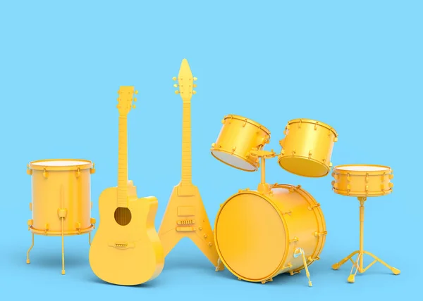 一套电声吉他手和鼓手 蓝色背景上有金属保险杠 音乐打击乐器 鼓机和摇滚音乐节海报用重金属吉他手鼓的3D渲染 — 图库照片