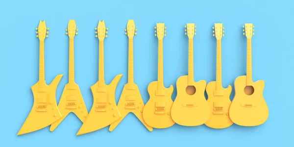 一套在蓝色背景上隔离的电声吉他 音乐商店用重金属吉他摇滚音乐节海报的3D渲染概念 — 图库照片