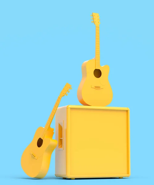 Conjunto Amplificadores Guitarras Acústicas Elétricas Fundo Azul Renderização Instrumento Percussão — Fotografia de Stock