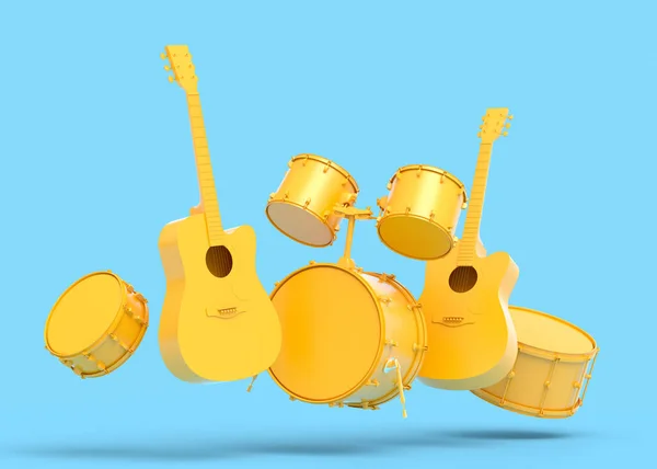 Комплект Электроакустических Гитар Барабанов Металлическими Тарелками Синем Фоне Визуализация Музыкального — стоковое фото