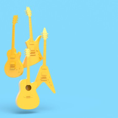 Mavi arka planda izole edilmiş elektrikli akustik gitar seti. Müzik dükkanı için heavy metal gitarlı 3D rock festivali posteri.