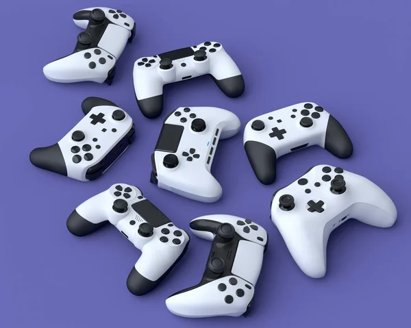 Conjunto Joysticks Jugador Mentiroso Gamepads Sobre Fondo Púrpura Con Desenfoque —  Fotos de Stock