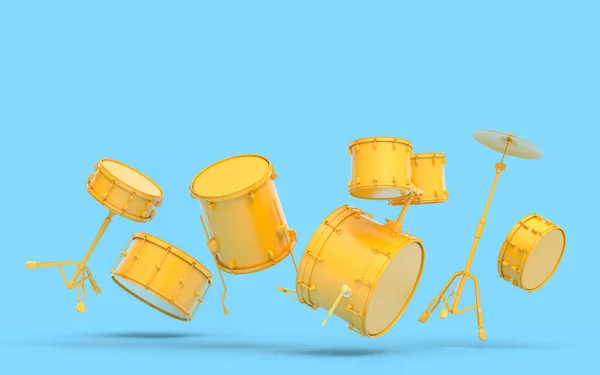 Набір Барабанів Металевими Цимбалами Синьому Фоні Рендеринг Музичного Ударного Інструменту — стокове фото