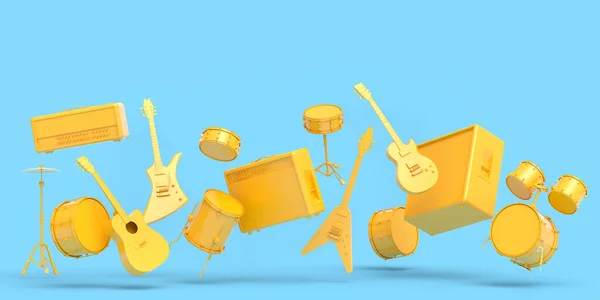 Conjunto Guitarras Acústicas Elétricas Tambores Com Címbalos Metálicos Sobre Fundo — Fotografia de Stock