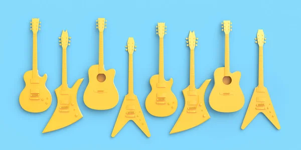 ブルーを基調としたエレクトリック アコースティック ギターのセット 音楽ショップのための重い金属ギターとロックフェスティバルポスターのための概念の3Dレンダリング — ストック写真