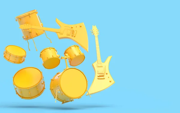 一套电声吉他手和鼓手 蓝色背景上有金属保险杠 音乐打击乐器 鼓机和摇滚音乐节海报用重金属吉他手鼓的3D渲染 — 图库照片