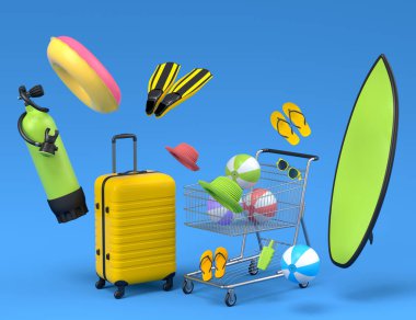 Colorful luggage with beach accessories and shopping trolley on blue background. 3D render of summer vacation concept and holidays