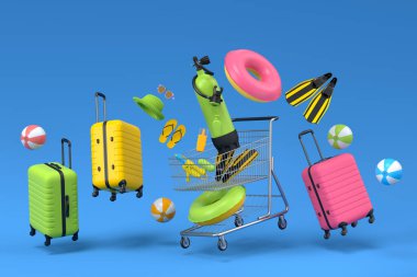 Plaj aksesuarları ve mavi arka planda alışveriş arabası olan renkli bavullar. Yaz tatili konsepti ve tatillerinin 3 boyutlu canlandırması
