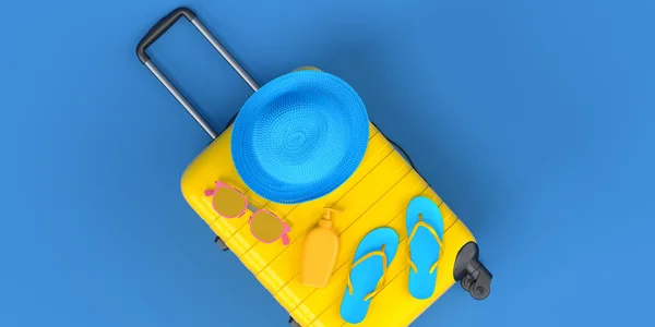 Colorful Beach Accessories Luggage Blue Background Render Summer Vacation Concept —  Fotos de Stock