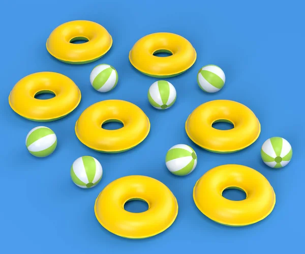 Colorful inflatable rings and balls on blue background. 3D render of summer vacation concept and holidays