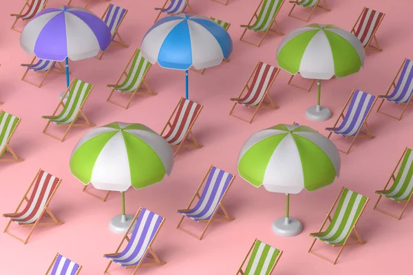 Liegestuhl Mit Sonnenschirm Einer Reihe Auf Rosa Hintergrund Darstellung Des — Stockfoto