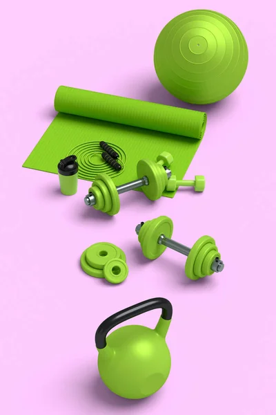 Isometrische Weergave Van Sportuitrusting Zoals Yoga Mat Kettlebell Fitness Bal — Stockfoto