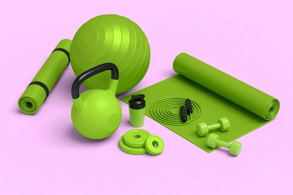 瑜伽垫 健身球和粉色背景的智能手表等运动器材的等距视图 3D渲染动力升降概念 — 图库照片