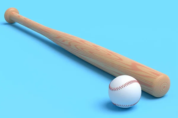 木制职业垒球或棒球棒和蓝色背景的球 3D为团队游戏提供体育配件 — 图库照片