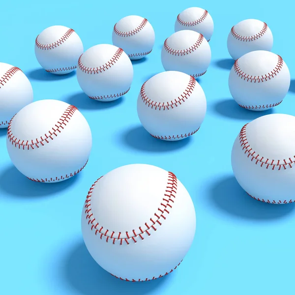Sada Softball Nebo Baseball Ležící Řadě Modrém Pozadí Vykreslení Sportovních — Stock fotografie