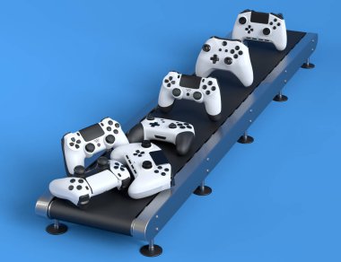 Oyun joystickleri ya da oyun koruyucuları mavi arka planda fabrika hattında. 3D satış, indirim, alışveriş ve canlı yayın konsepti aksesuarları sunma kavramı üst görünüm