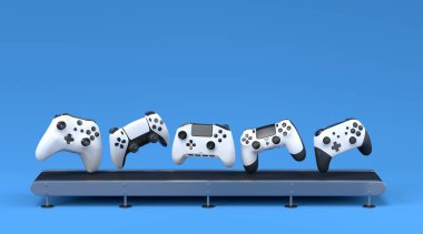 Oyun joystickleri ya da oyun koruyucuları mavi arka planda fabrika hattında. 3D satış, indirim, alışveriş ve canlı yayın konsepti aksesuarları sunma kavramı üst görünüm