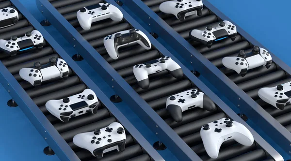 Set Van Gamer Joysticks Gamepads Fabriekslijn Blauwe Achtergrond Render Concept — Stockfoto