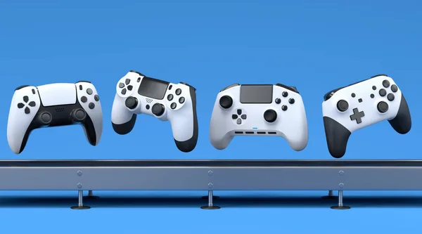 Set of gamer joysticks or gamepads on factory line on blue background. 3d render concept of sale, discount, shopping and delivery of accessories for live streaming concept top view
