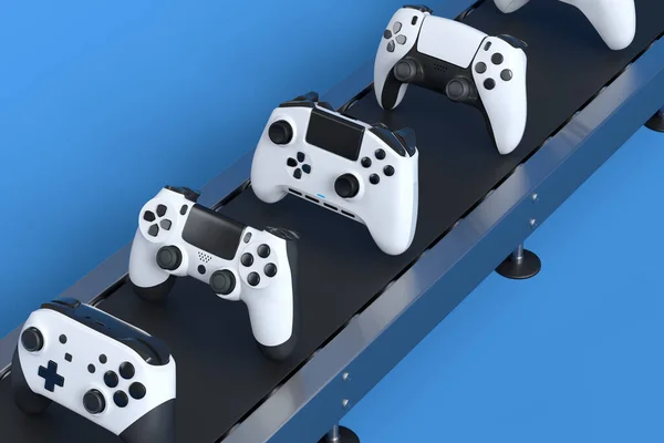 Set Van Gamer Joysticks Gamepads Fabriekslijn Blauwe Achtergrond Render Concept — Stockfoto