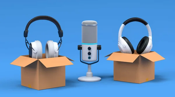 Set of gamer headphones and microphone in cardboard box on blue background. 3d render concept of sale, discount, shopping and delivery of accessories for live streaming concept top view