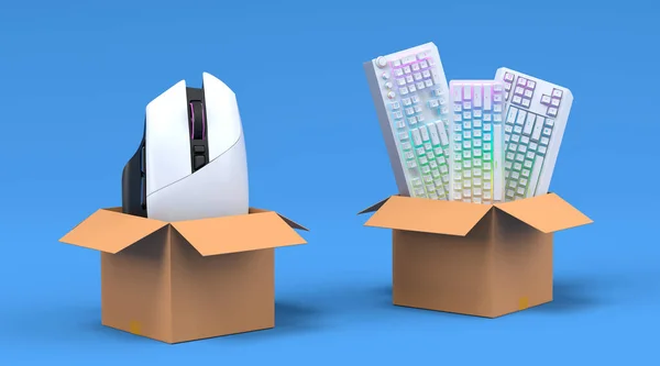 青い背景に段ボール箱にゲーマーのマウスとキーボードのセット ライブストリーミングコンセプトのためのアクセサリーの販売 ショッピング 配信の3Dレンダリングコンセプトトップビュー — ストック写真