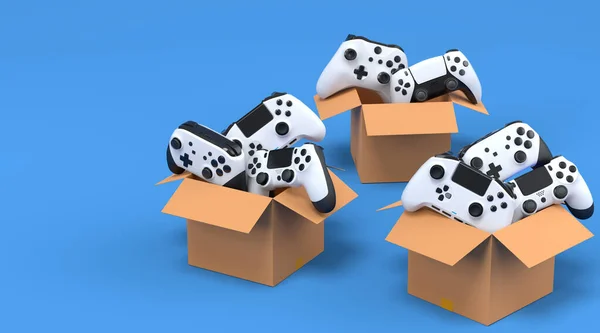 Set of gamer joysticks or gamepads in cardboard box on blue background. 3d render concept of sale, discount, shopping and delivery of accessories for live streaming concept top view