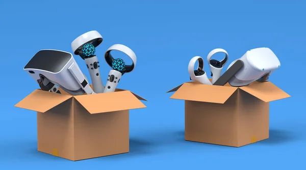 Set of virtual reality glasses and controllers in cardboard box on blue background. 3d render concept of sale, discount, shopping and delivery of accessories for live streaming concept top view
