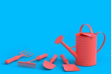 Tek renkli arka planda kürek, tırmık ve çatal gibi bahçe aletleriyle sulama tenekesi. 3D bahçe işleri ve tarım malzemeleri kavramı