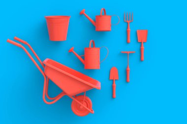 Tek renkli arka planda kürek, tırmık ve çatal gibi bahçe aletleri olan el arabası. 3D bahçe işleri ve tarım malzemeleri kavramı