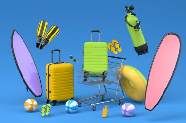 Colorful luggage with beach accessories and shopping trolley on blue background. 3D render of summer vacation concept and holidays