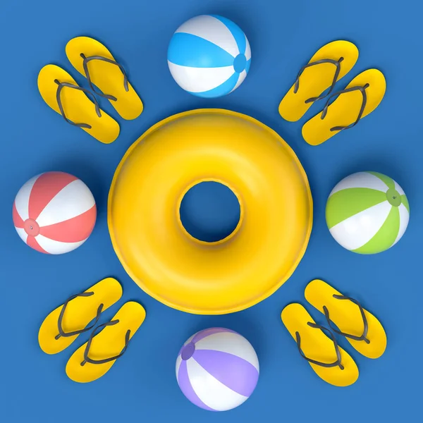 Colorful inflatable rings and flip flops like sun on blue background. 3D render of summer vacation concept and weather icon