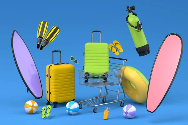 Colorful Luggage Beach Accessories Shopping Trolley Blue Background Render Summer — 스톡 사진