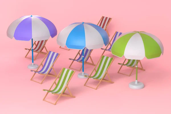 Silla Playa Con Paraguas Fila Sobre Fondo Rosa Representación Del —  Fotos de Stock