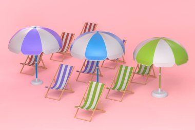 Pembe arka planda şemsiyeli plaj sandalyesi. Yaz tatili kavramının 3 boyutlu canlandırması