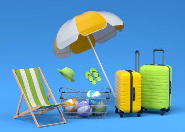 Plaj aksesuarları ve mavi arka planda uçan alışveriş sepeti olan renkli bavullar. Yaz tatili konsepti ve tatillerinin 3 boyutlu canlandırması
