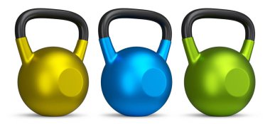 Spor için beyaz arka planda izole edilmiş ağır spor salonu altın çaydanlığı seti. Spor malzemelerinin fitness ve powerlift için 3D yorumlaması