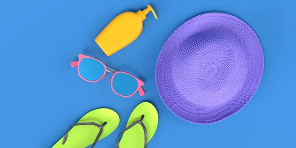 Colorful Beach Accessories Blue Background Render Summer Vacation Concept Holidays — Stockfoto