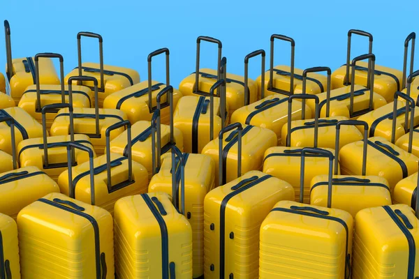 蓝色背景的色彩艳丽的行李箱或行李 暑假概念和假期的3D渲染 — 图库照片