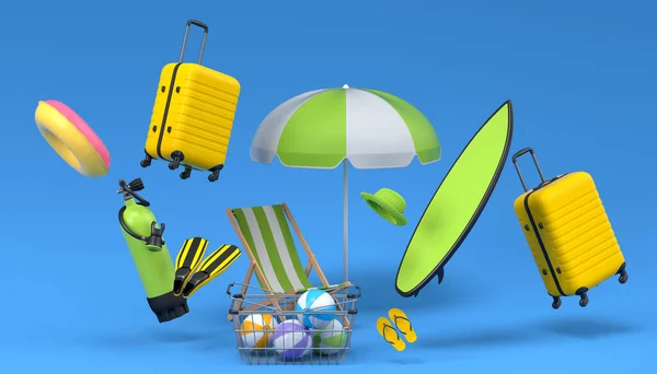Colorful Luggage Beach Accessories Shopping Basket Flying Blue Background Render — Stok fotoğraf