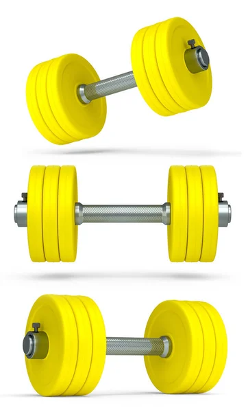 一组哑铃与橡胶盘隔离在白色背景 3D提供用于健身和举重的体育设备 — 图库照片