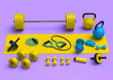 Yoga minderi, kettlebell, fitness topu ve menekşe arkaplanındaki akıllı saatler gibi spor ekipmanlarına farklı bir bakış açısı. Güç kaldırma ve zindelik kavramının 3 boyutlu canlandırması