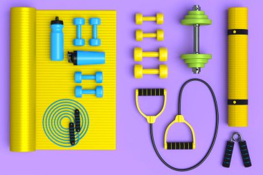 Yoga minderi, kettlebell, fitness topu ve menekşe arkaplanındaki akıllı saatler gibi spor ekipmanlarına farklı bir bakış açısı. Güç kaldırma ve zindelik kavramının 3 boyutlu canlandırması