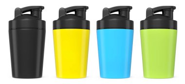 Beyaz arka planda izole edilmiş protein içeceği için plastik spor karıştırıcı seti. Spor gıda kokteyl kabının 3 boyutlu sunucusu