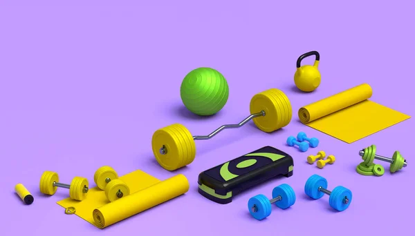 Isometrische Ansicht Von Sportgeräten Wie Yogamatte Kettlebell Fitnessball Und Smart — Stockfoto
