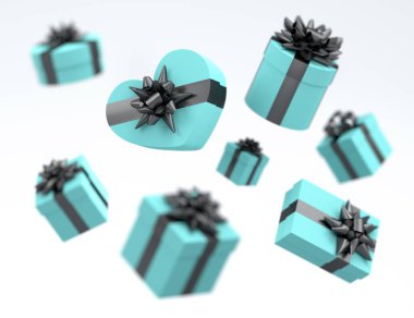 Kurdeleli hediye kutuları ve beyaz arka planda uçan ve düşen yay. 3D karşılama tasarımı konsepti: Doğum günü, Mutlu Noeller, Kara Cuma, Yeni Yıl