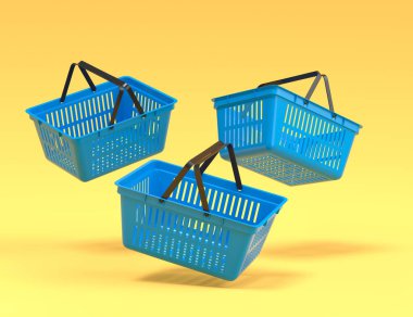 Sarı arka planda süpermarketten uçan plastik alışveriş sepeti. 3D canlandırma konsepti online alışveriş ve Kara Cuma indirimi