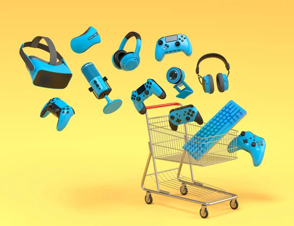 Flying gamer gears like mouse, keyboard, joystick, headset, VR Headset in shopping carts on yellow background. 3d render concept of sale, shopping and delivery of accessories for live streaming