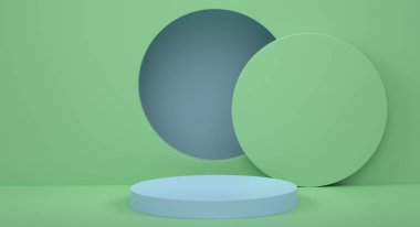Mavi arka planda basamakları olan yeşil silindir podyum. Ürün gösterimi için soyut gerçekçi geometrik kaide veya platformun 3 boyutlu canlandırması. En küçük sahne.