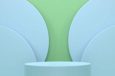 Mavi arka planda basamakları olan yeşil silindir podyum. Ürün gösterimi için soyut gerçekçi geometrik kaide veya platformun 3 boyutlu canlandırması. En küçük sahne.